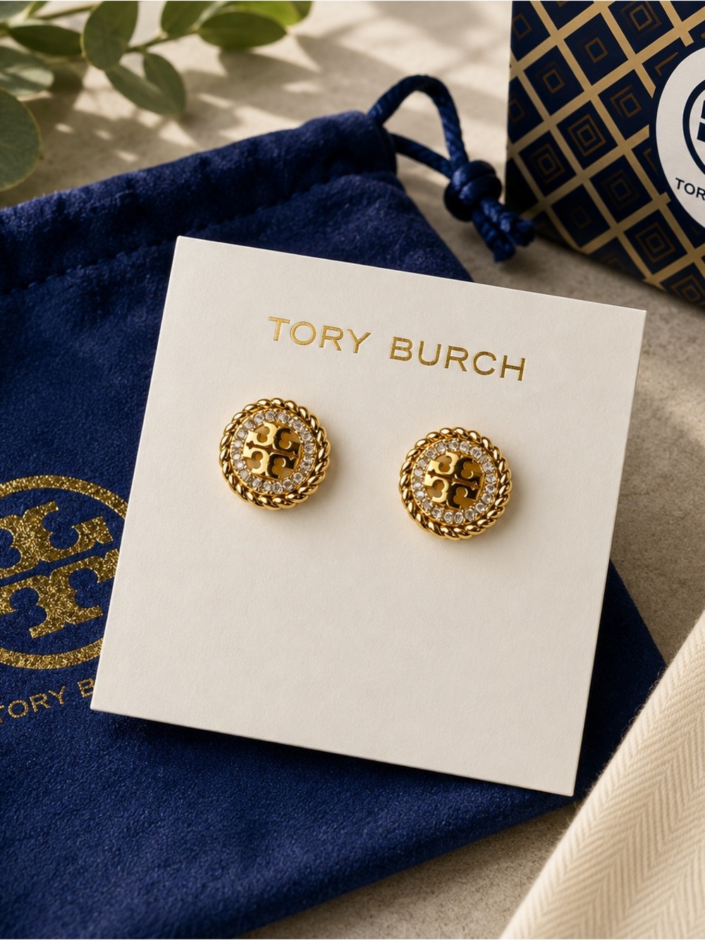 Tory Burch Gold Rope-Edge Logo Button Earrings